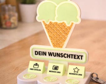 Personalized NFC display stand · Ice cream cone sign with custom text, 7 inlays