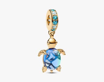 S925 sterlingzilver Pandora Blue Sea Turtle Murano Glass Dangle Charm gouden hanger
