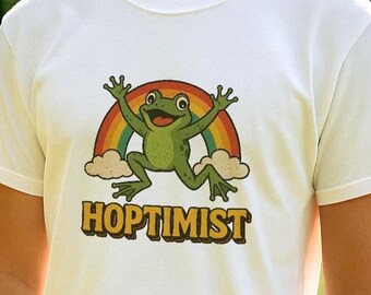 Retro Hoptimist Frog T-Shirt - Vintage Rainbow Frog Graphic Tee - Cute Wholesome Gift for Frog Lovers and Optimists