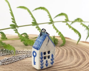 Tiny house #3 - ceramic pendant on stainless steel chain