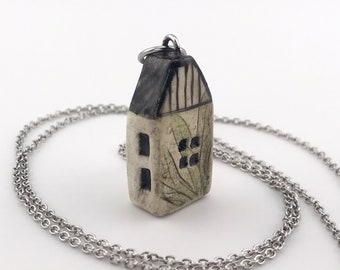 Tiny house #1- ceramic pendant on stainless steel chain