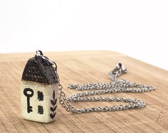 Tiny house #4 - ceramic pendant on stainless steel chain