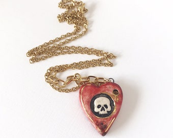 Red ceramic heart - ceramic pendant on stainless steel chain