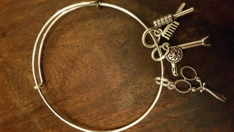 Hairdressers Gift Stacker Bangle Hairdryer Comb Scissors Brush Stacking bracelet silver charm bracelet hair Stylist apprentice salon jewelry