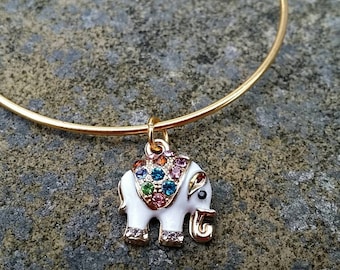 Jewelled Elephant Stacker Bangle Antiqued Gold bracelet Enamel unique hostess gift for her under 10 wife mother sister aunt gran white pink