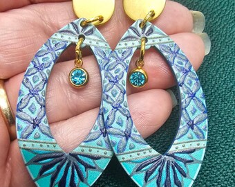 Turquoise blue Earrings Dangle Drops on studs blue crystal bird or butterfly stainless steel bohemian ikat jewellery gift her them