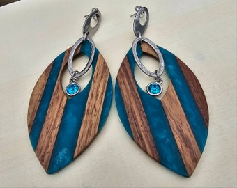 Turquoise and walnut Earrings Dangle Drops mixed media blue crystal stainless steel bohemian statement jewellery great gift her them