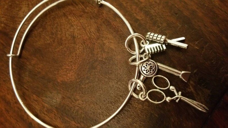 Hairdressers Gift Stacker Bangle Hairdryer Comb Scissors Brush Stacking bracelet silver charm bracelet hair Stylist apprentice salon jewelry