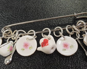 Teaset Stitch Markers Snag Free 3.5 in Stitch Holder cup saucer teapot spoon WIP Progress Place Keepers crochet Gift Friend Knit Mum Nana