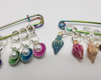 Sea Shells Stitch Markers Snag Free Set of 4 Knitting & Crochet + Rainbow Shawl pin Holder WIP Progress Marker Place Keeper Knitters Friend