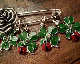 Shamrock Snag Free Stitch Markers 2 inch Flower Stitch Holder FYC St Patricks Gift spinner knitter weaver crocheter Lucky clover ladybird