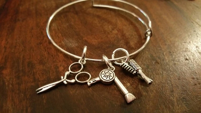 Hairdressers Gift Stacker Bangle Hairdryer Comb Scissors Brush Stacking bracelet silver charm bracelet hair Stylist apprentice salon jewelry