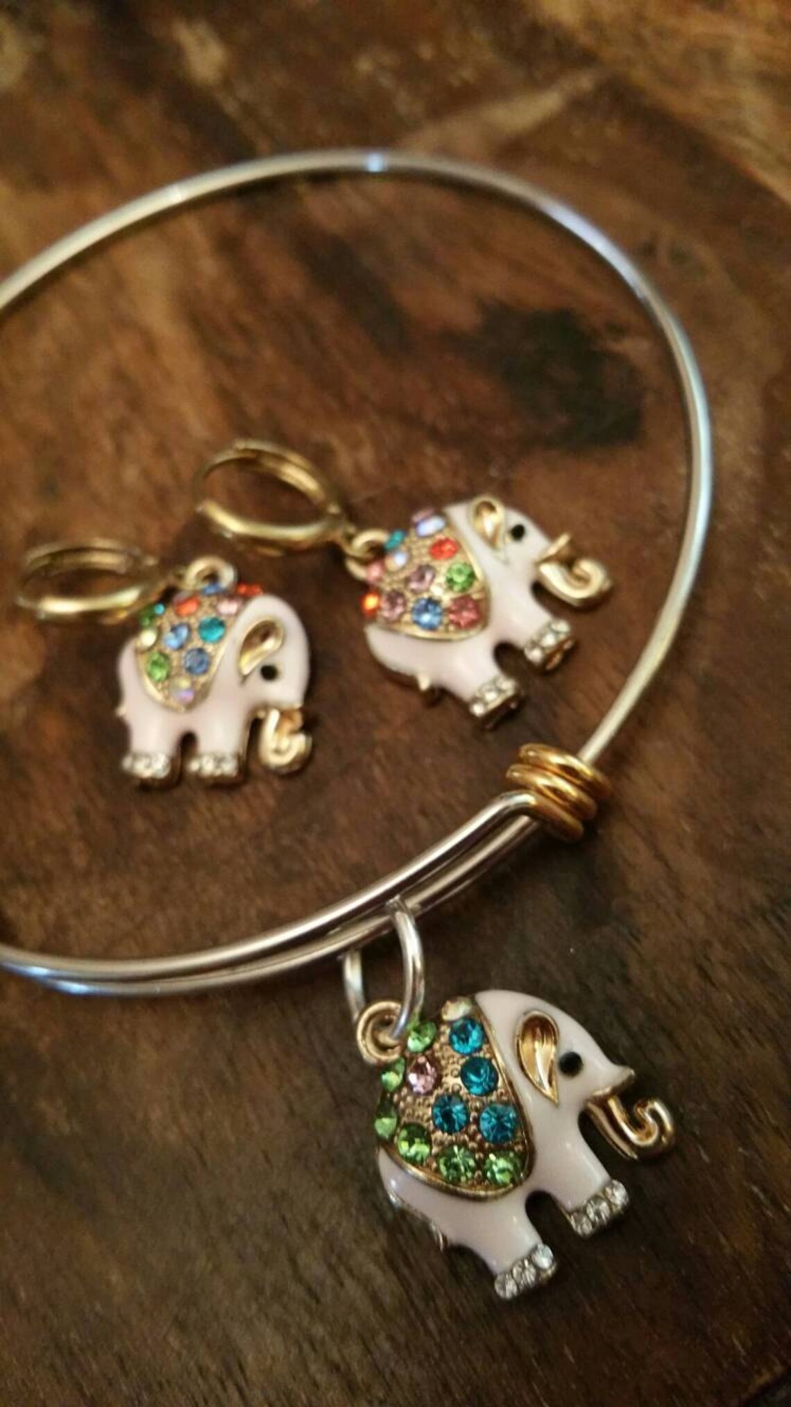 Pink Elephant Gift Set Stacker Bangle Two Tone Gold Silver Etsy UK