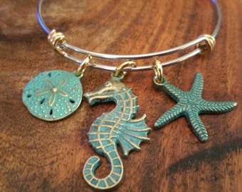 Seahorse Starfish Sand Dollar Bangle Earring Gift set 2 tone gold silver Beach wedding bridesmaid resort shower Ocean bridal verdigris bride