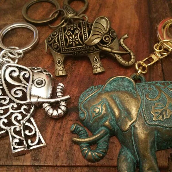 African Elephant Keychain Antique Bronze Silver Verdigris Keyring Purse Handbag Charm pachyderm favor unique gift themed wedding bridesmaid
