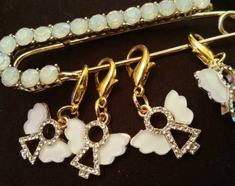 Angel Snag Free Knitting Crochet Diamante Stitch Markers Opalescent wings and Stitch Holder gold pin Knit Yarnista Unique Gift Her Mom gran