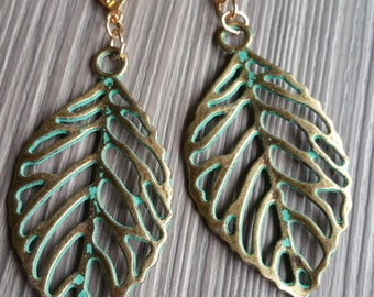 Filigree Leaf Drop Earrings Verdigris Leaves Antique Bronze jewelry Gift easter woodland jewelry Dangle earring leaf veins drops