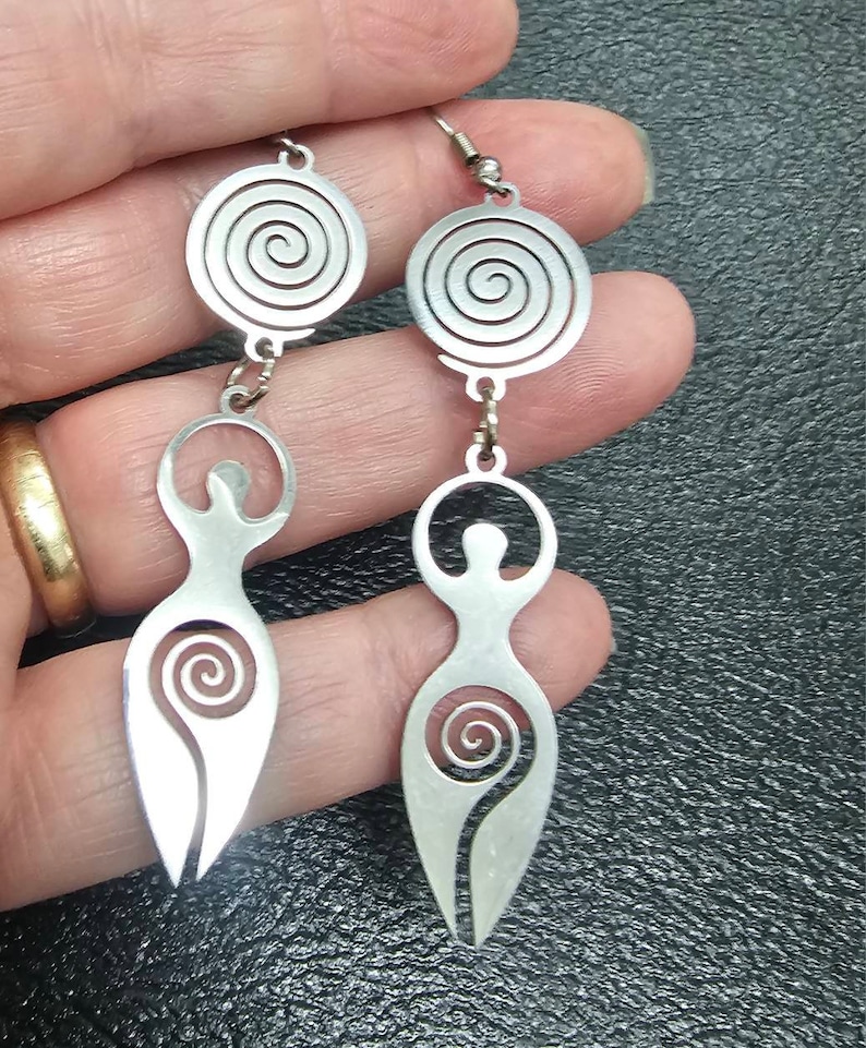 Goddess Earrings Ostara women's earth mother Dangle Drop Jewelry Gifts her under 10 wife lover stainless steel throughout hypoallergenic Ostara and swirl