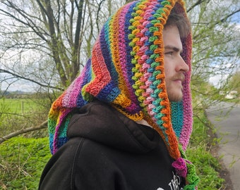 Rainbow pixie Hood crochet boho Snood with curly tassle and long tail cowl wrap long scarf her him them unisex festival wear vegan bohemian