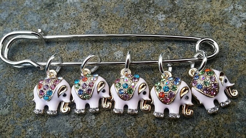 Pink Elephant Set or single Snag Free Knitting crochet Stitch Markers 3 inch Stitch Holder White WIP Progress Place Keeper Knitters Friend image 1