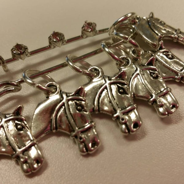Horses Head Set of 5 Snag Free Horse Knitting Crochet Stitch Markers 2 inch Diamante Stitch Holder WIP Progress Place Keepers Unique Gift
