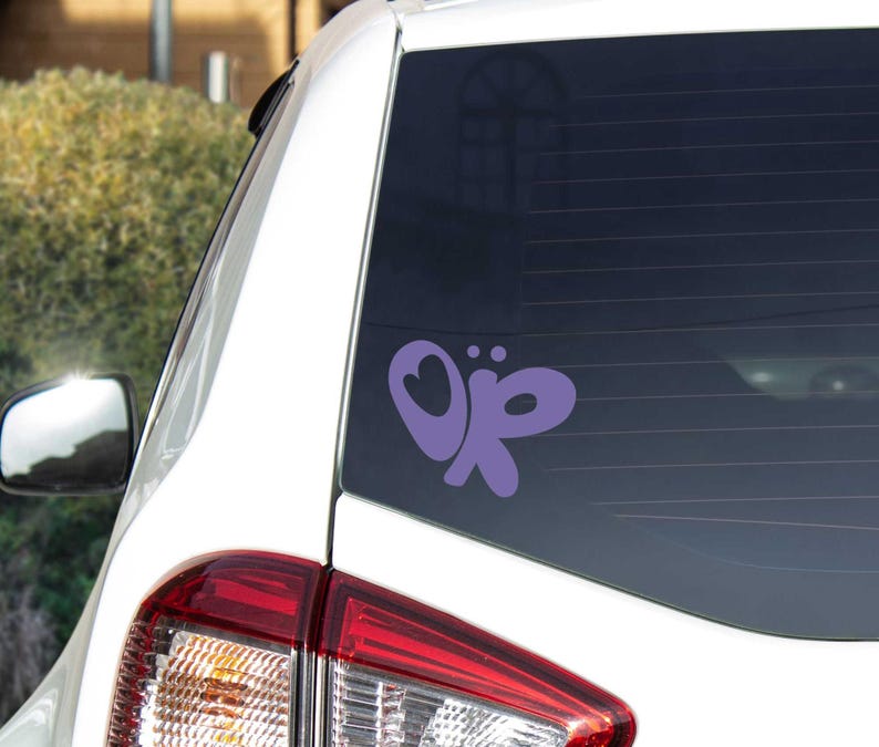Olivia Rodrigo inspired logo, color of white, self-adhesive vinyl displayed on a car window.