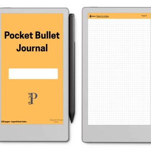 May include: Two digital tablets with black styluses. The left tablet displays "Pocket Bullet Journal" on a yellow background. The right tablet shows a dotted grid. Features include a hyperlinked index and 100 dotted pages.