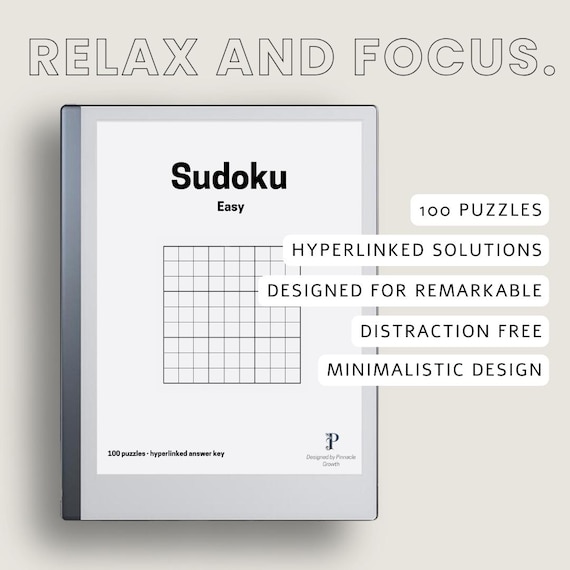 Sudoku Puzzle Book for reMarkable – Easy – 100 Game PDF for eInk Tablets & Digital Planners