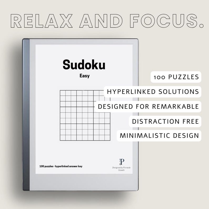 May include: A black and white image of a Sudoku puzzle book with the title "Sudoku Easy" and the text "100 Puzzles", "Hyperlinked Solutions", "Designed for Remarkable", "Distraction Free", and "Minimalistic Design".