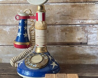 Vintage Candlestick Telephone Patriotic Red White Blue 1970s USA