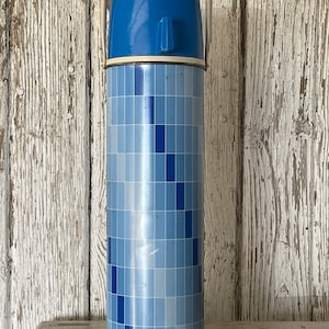 Vintage Blue Checker Thermos Bottle Complete Tall