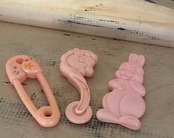 Vintage Baby Rattles Set of 3 Pink 1950s Free Shipping