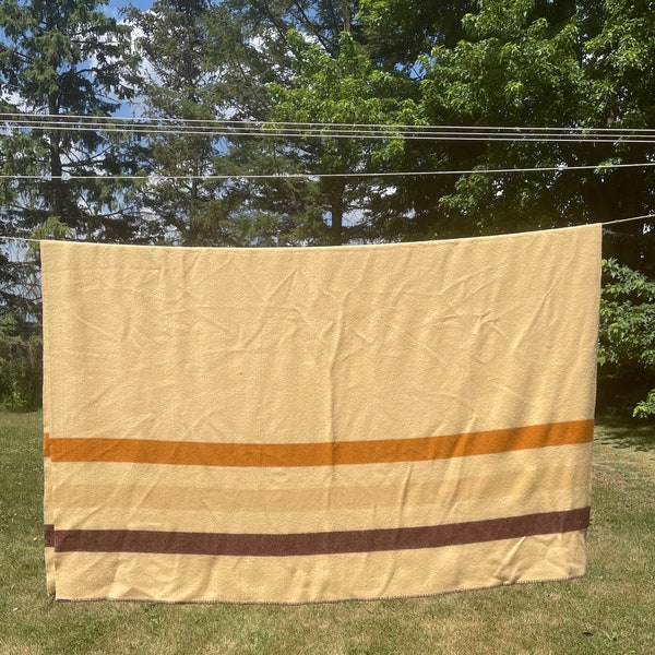 Vintage Wool Striped Blanket Cream Brown Stripes