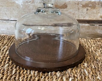 Vintage Retro Mid Century Glass Dome Cloche Wood Cheese Board