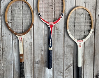 Vintage Tennis Rackets RWB Colors Wooden Set of 3