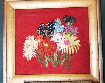 Vintage Crewl Picture of Flowers With Original Frame 1970’s