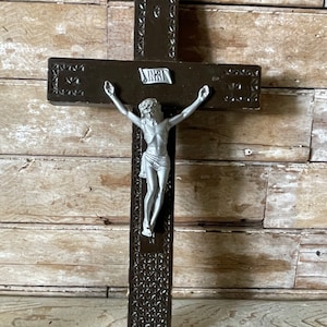 Vintage Crucifix Cross Jesus Christ INRI Metal and wood Catholic