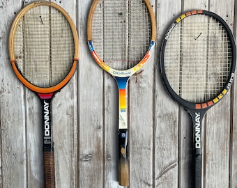 Vintage Tennis Rackets Black Multi Color Wooden Set of 3
