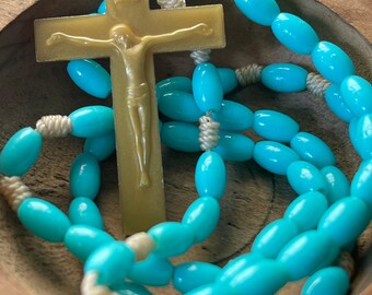 Vintage Rosary Plastic Pretty Aqua Gold Cross