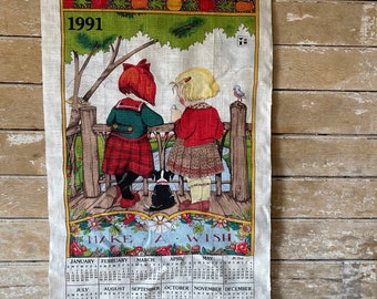 Vintage 1991 Linen Calendar Wall Hanging Little Girls Adorable