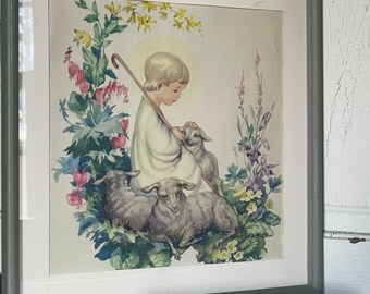 Vintage Nursery Shabby Chic  Picture Child and Sheep Adorable