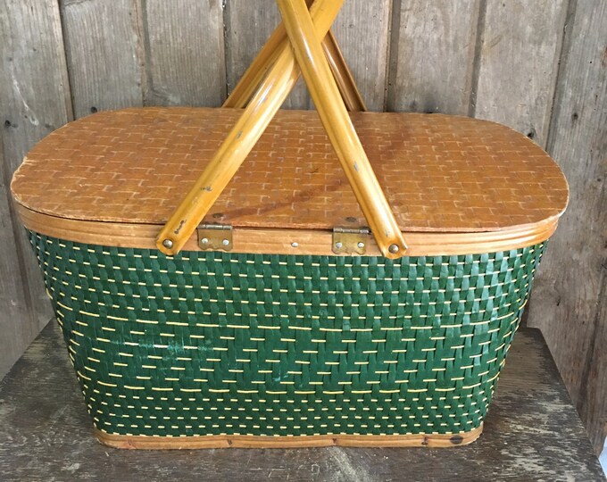 Vintage Green Picnic Basket Etsy