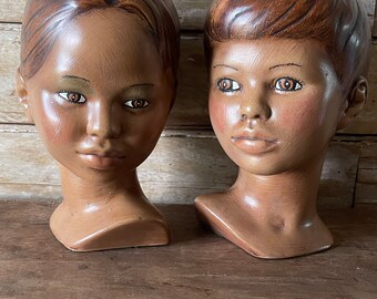 Vintage Holland Marwal Plaster Head Bust Boy & Girl Set Pacific Islander