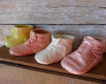 Vintage Baby Bootie Shoe Ceramic Pottery 1950s era Pink Creme Yellow