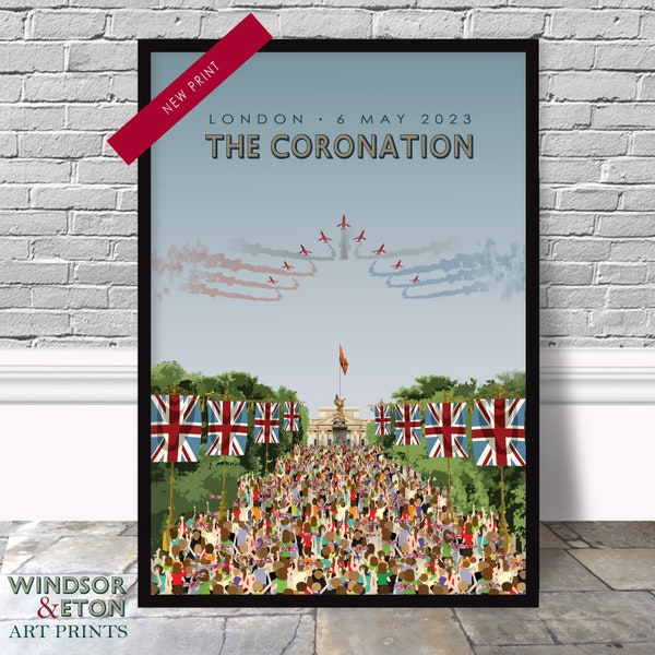 Coronation King Charles art poster print, art decor, vintage retro travel poster Buckingham Palace Red Arrows London art print