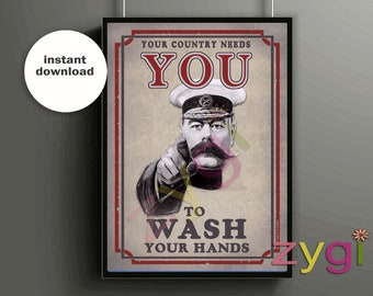 Wash your hands  Printable poster- Kitchener- Your Country needs you- Vintage- Printable- you print- INSTANT DOWNLOAD