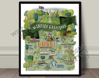 Windsor Great park collage map print iconic landmarks royal Windsor art print wall decor, vintage retro travel railway poster, modern print