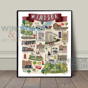 Op de afbeelding: Geïllustreerde kaart van Windsor, Engeland, met bezienswaardigheden zoals Windsor Castle, de Long Walk en het Theatre Royal. De kaart is in een kleurrijke cartoon-stijl met rode, blauwe en groene accenten.