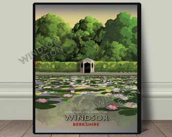 The Great Park Royal Windsor Cow pond art print wall decor, vintage retro travel railway advert poster, modern travel art print