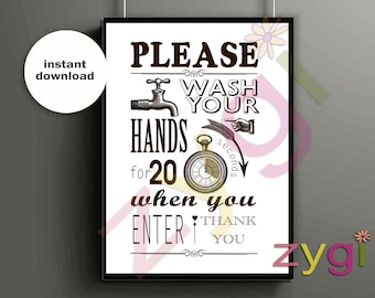 Wash your hands  Printable poster- Wash your hands - Vintage style- Printable- you print- INSTANT DOWNLOAD